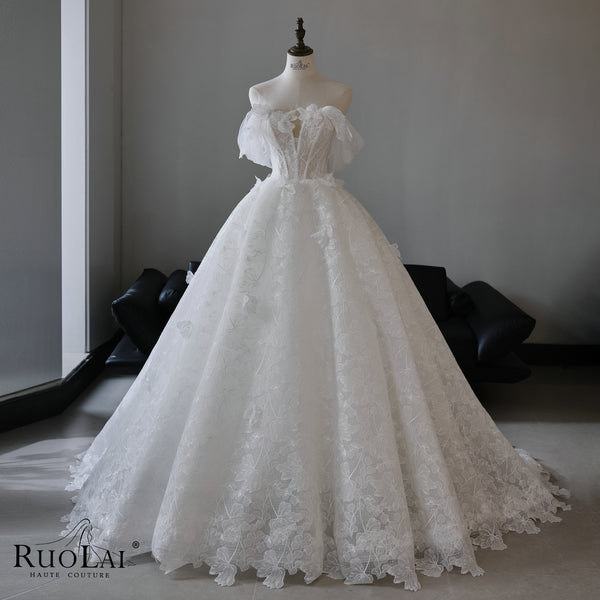 QW02085 Elegant 3d Appliques Off Shoulder Bridal Lace Wedding Dress Gown