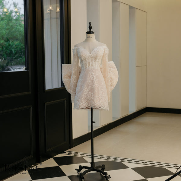 QW02091 Unique Lace Short Bride Wedding Gown Dress with Back Bow