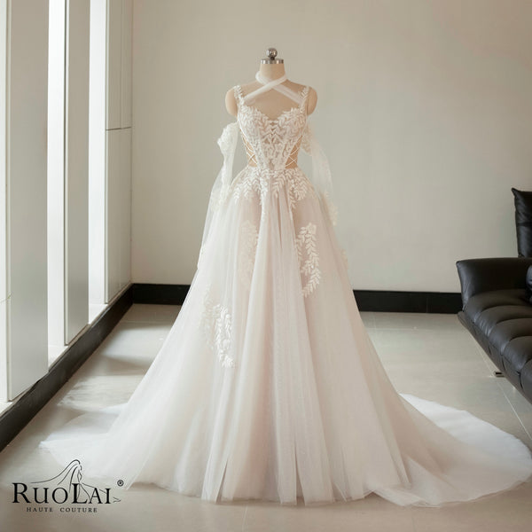 QW02095 Sleeveless Cross Neck Zipper Back A Line Lace Bridal Wedding Gown Dress