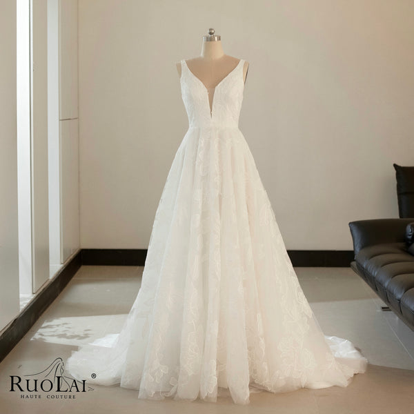 QW02096 New Sleeveless Deep V Neck A Line Lace Bridal Wedding Gown Dress