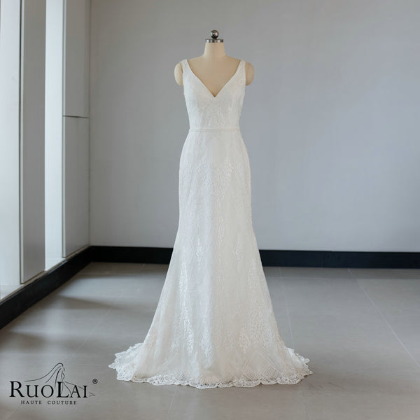 QW02097 Gorgeous Sleeveless V - Collar Lace Mermaid Wedding Dress Gown With Beads