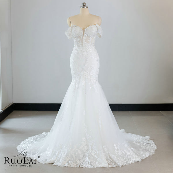 QW02099 Elegant Detachable Sleeve Luxury Beaded Lace Mermaid Style Wedding Dress