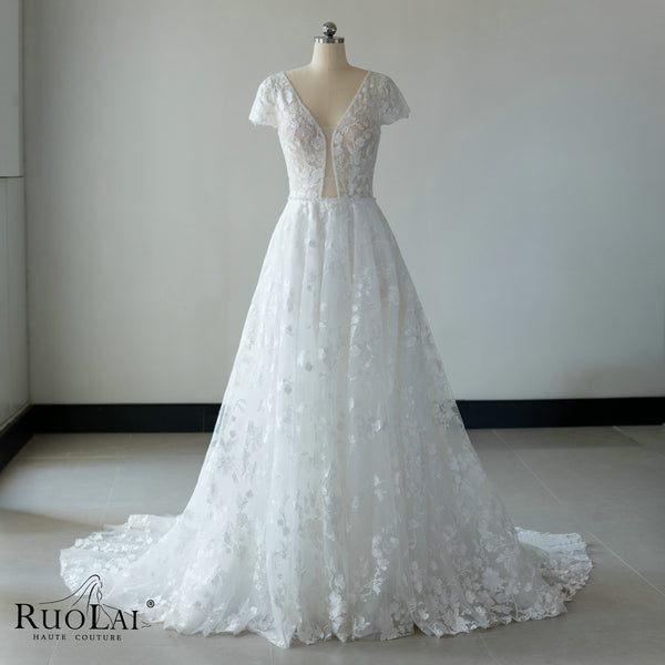 QW02100 Beading Sequin Short Sleeve Lace A Line Chapel Train Wedding Gown