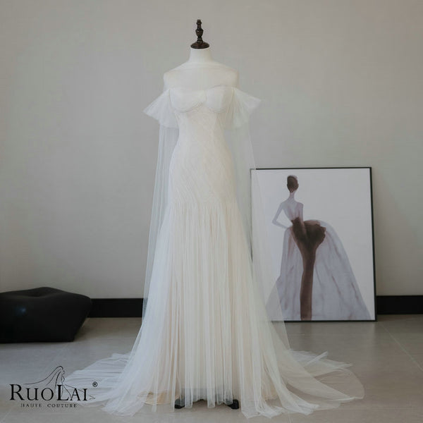 QW02122 Elegant Mermaid Off Shoulder Draped Scarf Bridal Gowns