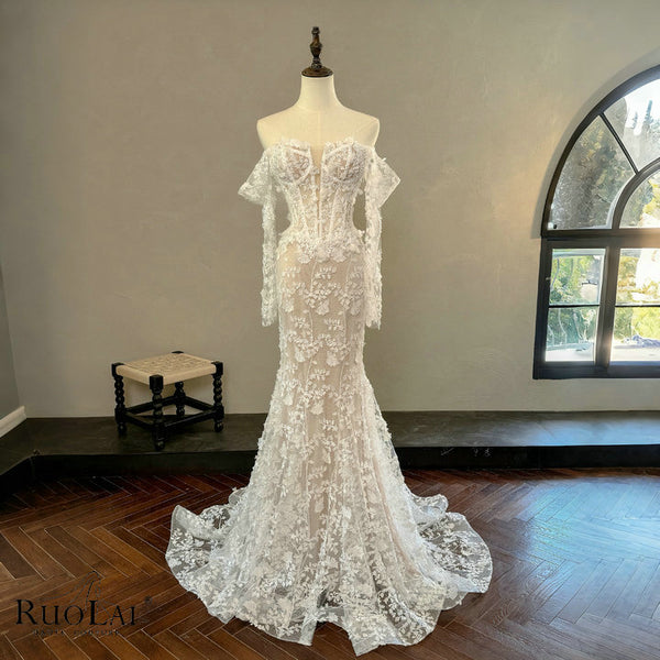 QW02130 Vintage Design Off Shoulder Embroidery Lace Wedding Dress for Bride