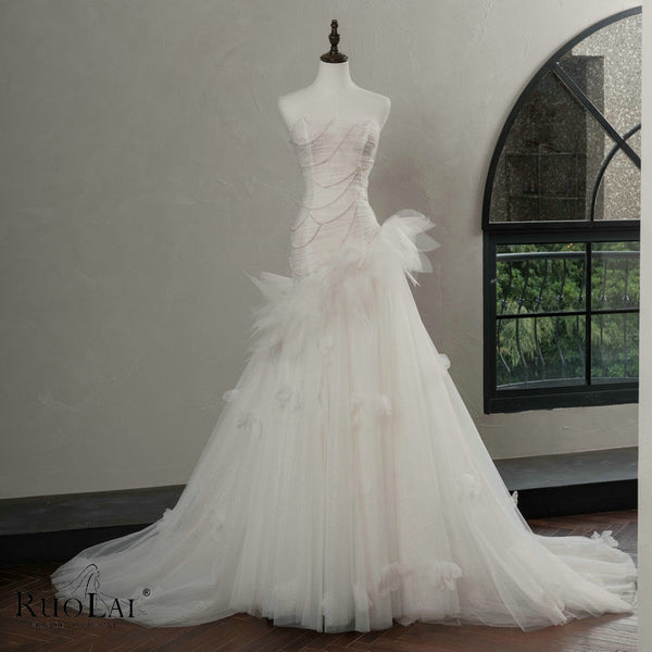 QW02138 Mermaid Beading Ruched 3d Flowers Wedding Dress