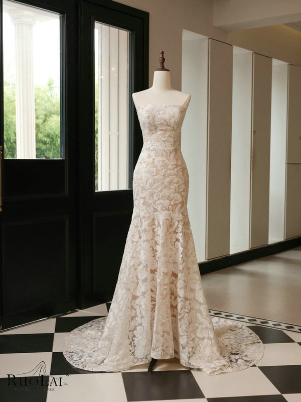 QW02152 Strapless Lace Appliques Zipeer Back&nbsp; Mermaid Wedding Dress