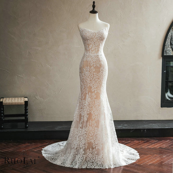 QW02159 Mermaid Lace Sleeveless Boat Neckline Bridal Dress