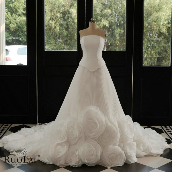 QW02170 Strapless Corset Basque Pleated Organza 3d Flower Wedding Dress