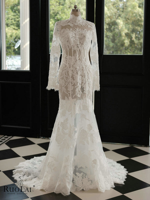 QW02171 Mermaid High Neck Lace Women's African Wedding Dress