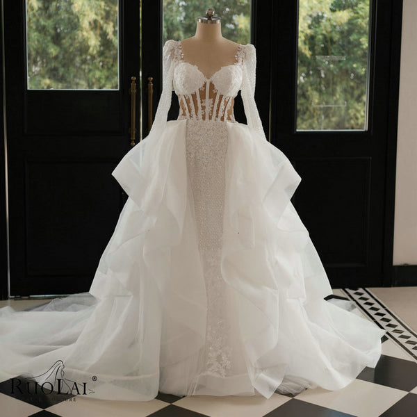 QW02175  Corset Detachable Overskirt Beading Lace African Wedding Dress