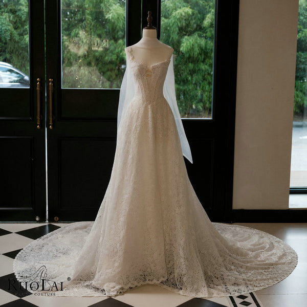 QW02190 Elegantee Wide Straps Lace with Shawl Wedding Dress