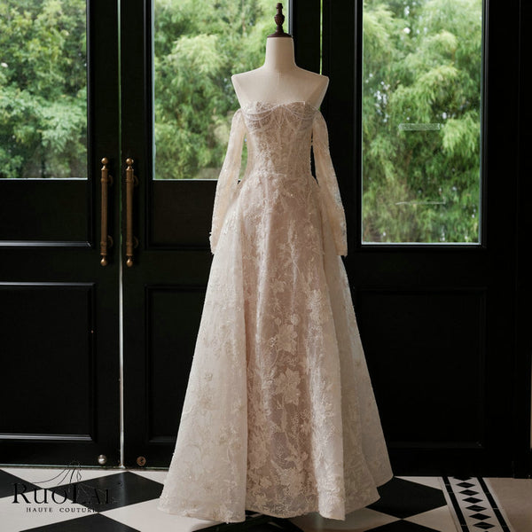 QW02195 Heavy Beaded Embroidered Lace Wedding Dress with Sleeves