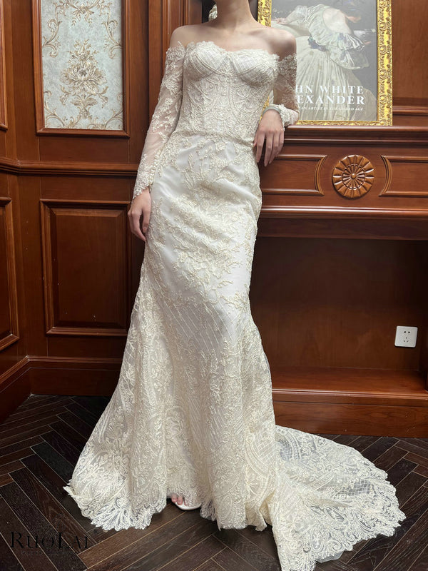 QW02202  Shiny Ivory Off Shoulder Lace Applique Mermaid Bridal Gowns