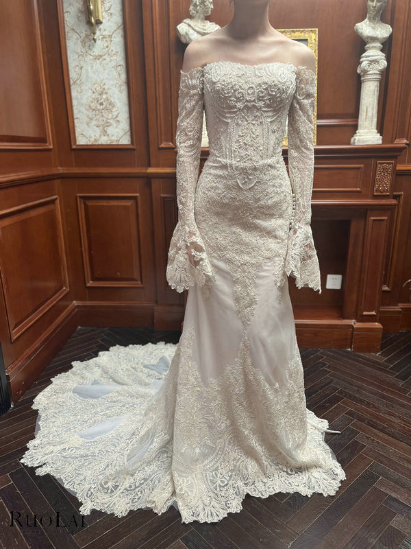 QW02203 Mermaid Off Shoulder Embroidered Lace Dress for Wedding