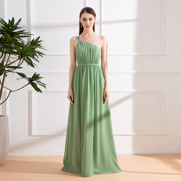 Chic One Shouder Spaghetti Strap Front Slit Chiffon Bridesmaid Dress