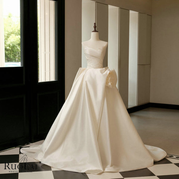 ZD05253 France Style Satin with 3D Flowers Wedding Dress